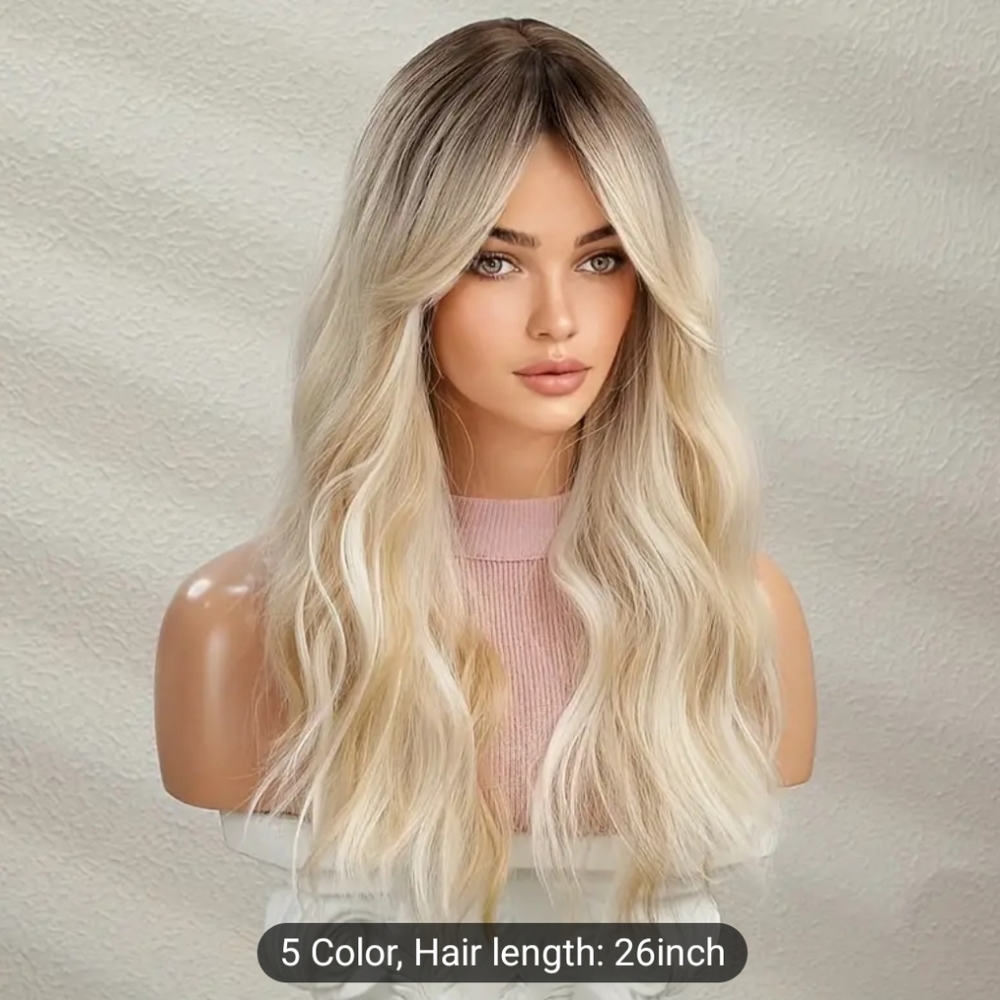 26.0 Inch Blonde Wig, Dark Root Curly Wavy Long Wig, Natural Fluffy Synt…